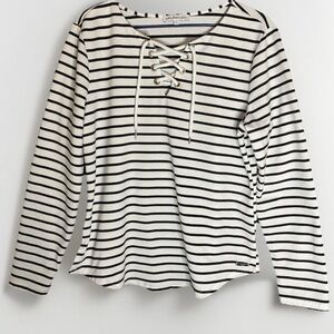 San Francisco Lace Up Front Shirt‎ Women’s Sz L Black Ivory 100% Cotton Nautical